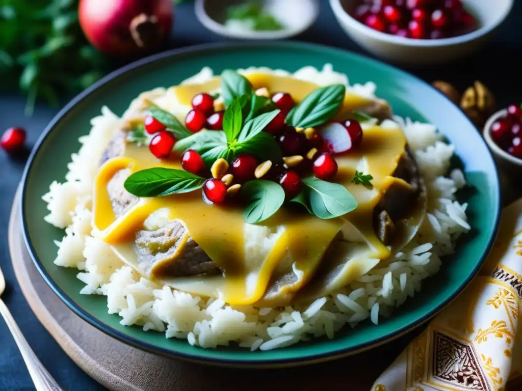 Un exquisito plato de Mansaf, receta histórica de la cultura del Medio Oriente, con colores y texturas vibrantes