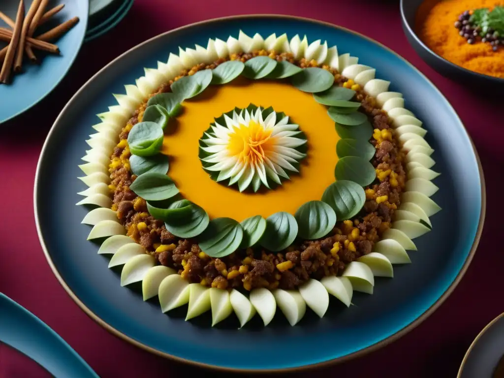 Un exquisito plato histórico MongolIndio para probar, con capas de especias, colores vibrantes y delicadas decoraciones en una bandeja tradicional