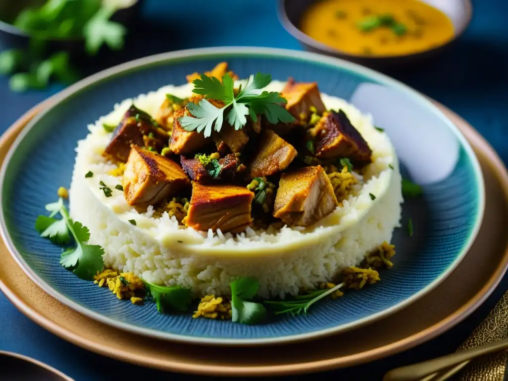 Un exquisito plato de curry indio con influencia en la gastronomía estadounidense, repleto de colores y sabores vibrantes