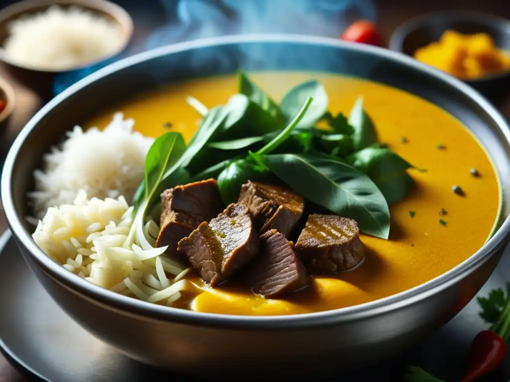 Un exquisito plato IndoChino evolución histórica: curry con capas de especias, carne tierna y vegetales coloridos, envuelto en vapor aromático