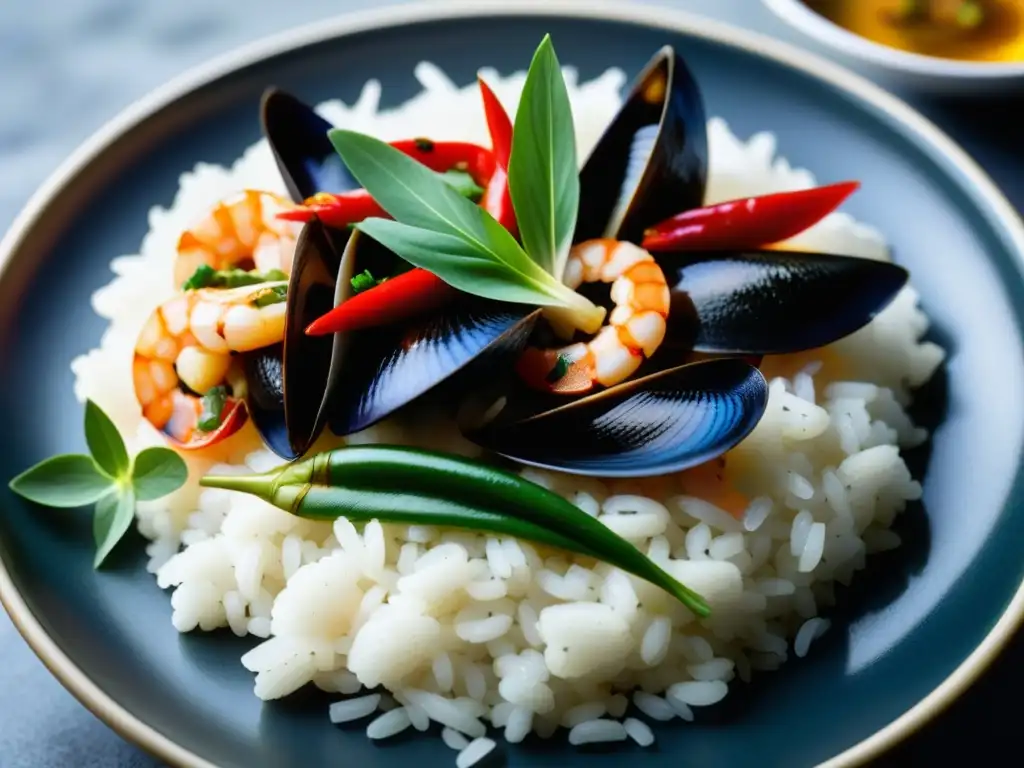 Un exquisito plato IndoChino con ingredientes marinos vibrantes y coloridos sobre arroz jazmín