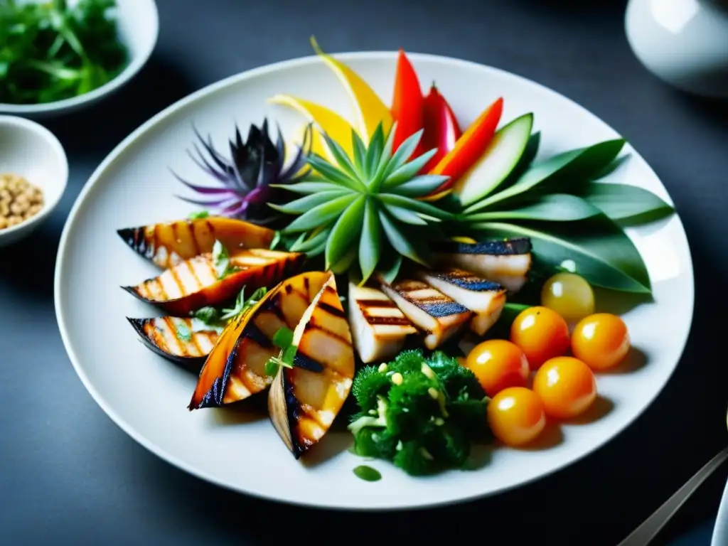 Un exquisito plato IndoChino con ingredientes marinos frescos y coloridos, una obra culinaria vibrante y detallada