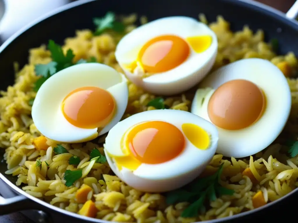 Un exquisito plato de Kedgeree con capas de arroz, pescado, huevos y especias