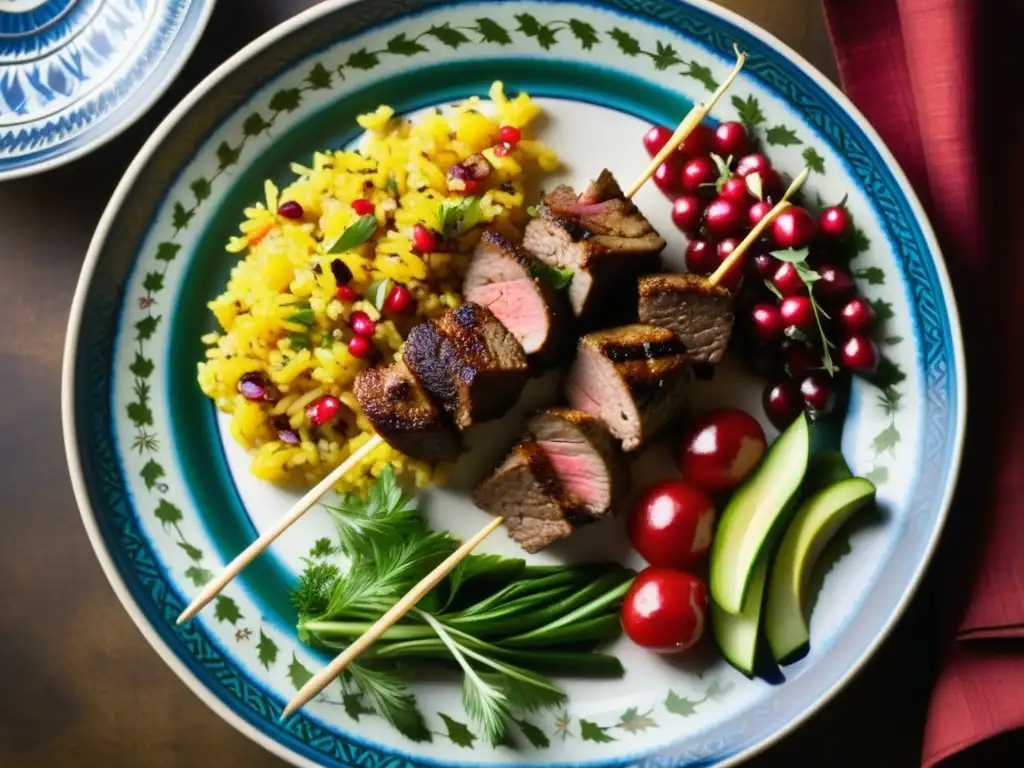 Un exquisito plato mesopotámico con kebabs de cordero, arroz de azafrán y vegetales a la parrilla, decorado con granada y hierbas frescas