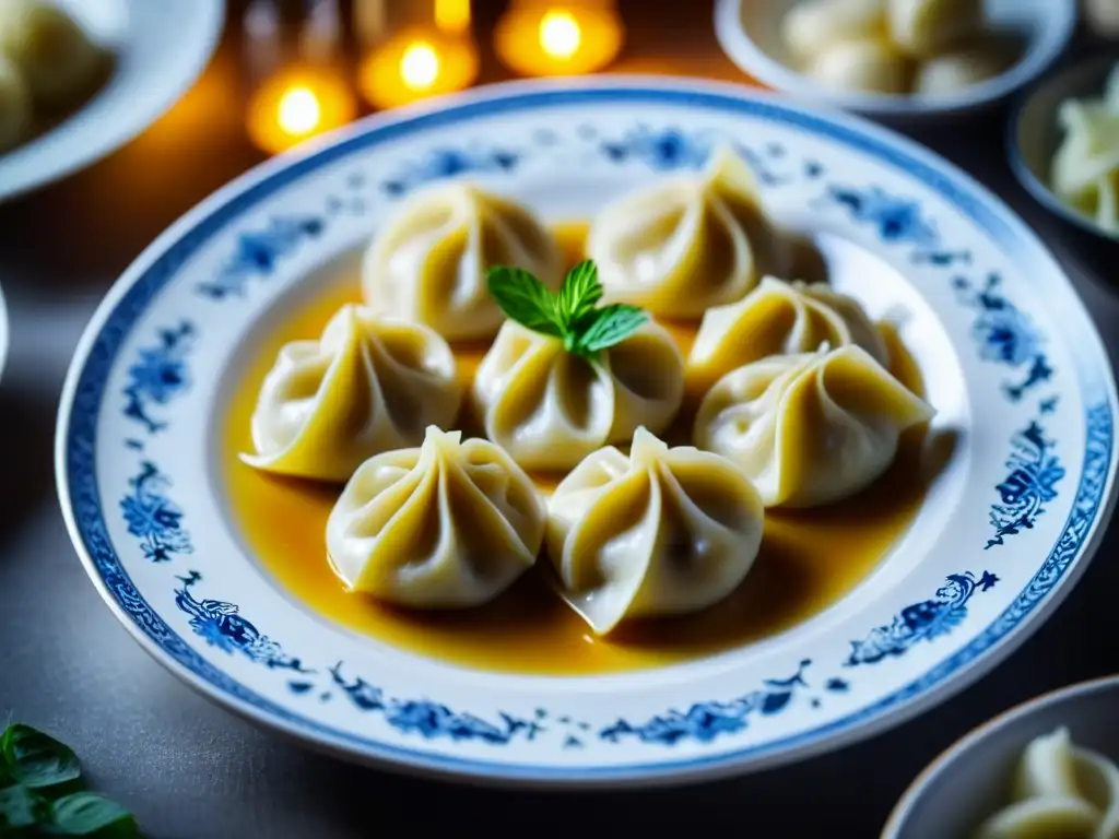 Un exquisito plato de Pelmeni adornado, con detalles precisos y vapor ascendente