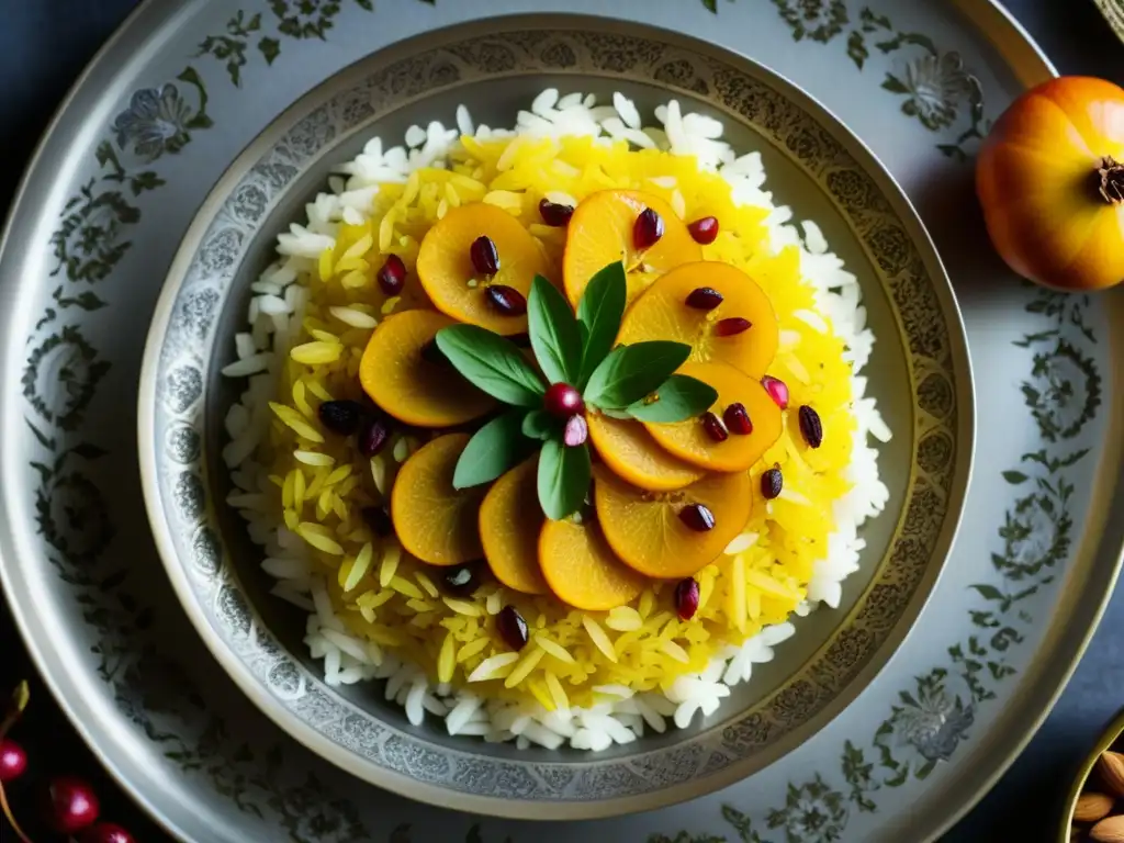 Un exquisito plato persa de arroz con azafrán, granos brillantes y guarniciones coloridas en una bandeja de plata antigua