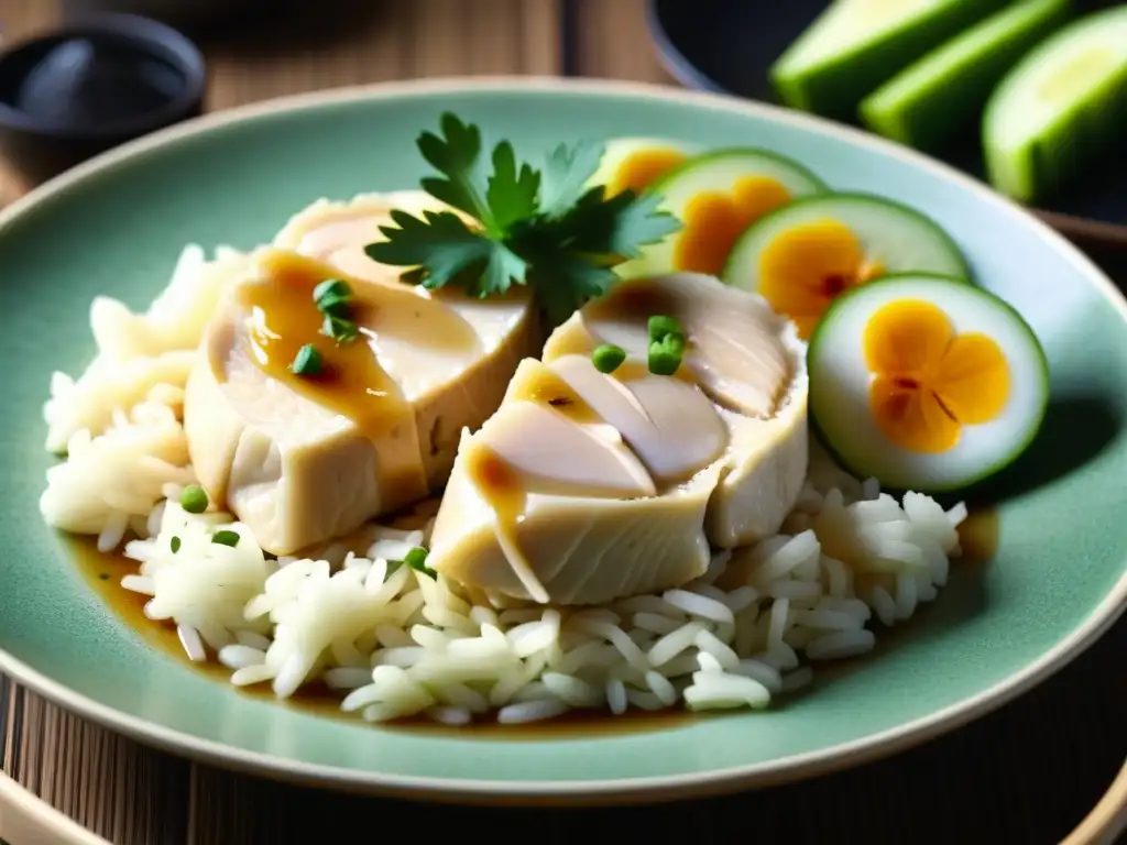 Un exquisito plato de Hainanese Chicken Rice, con pollo jugoso y arroz perfumado