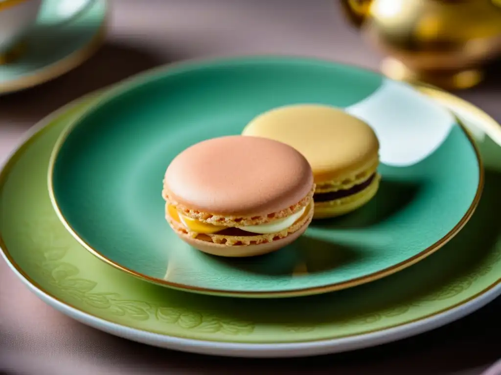 Un exquisito macaron francés reposa en un plato de porcelana vintage, reflejando la fusión de las tradiciones culinarias francesas y rusas