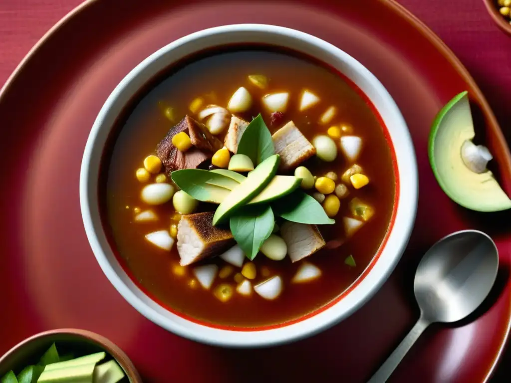 Pozole Rojo: Delicia tradicional mexicana en detalle Un exquisito plato de Pozole Rojo, con ingredientes tradicionales y coloridos toppings, en un tazón rojo