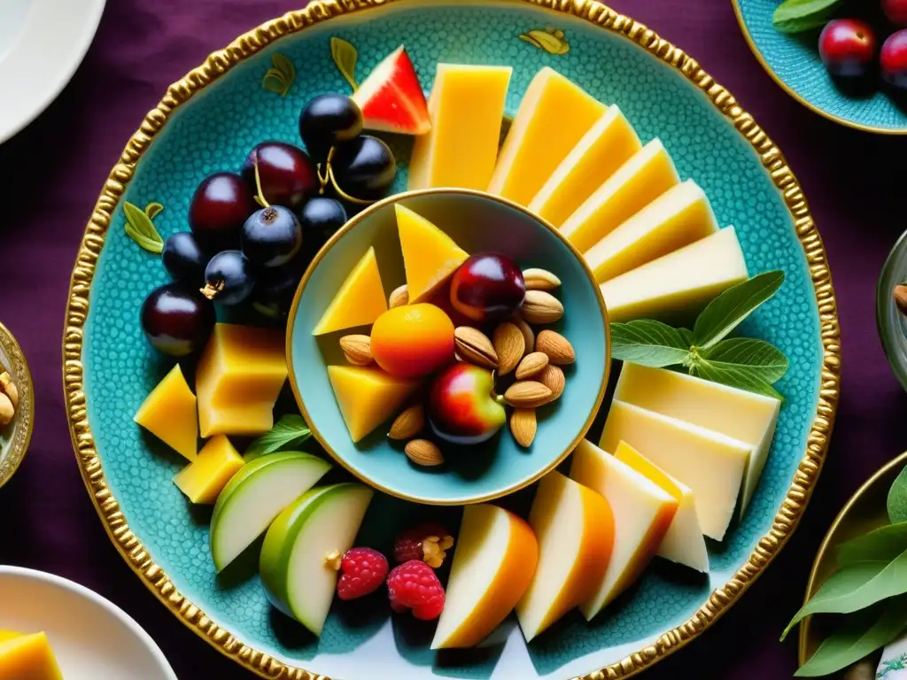 Un exquisito plato renacentista italiano con frutas, nueces, hierbas y quesos variados