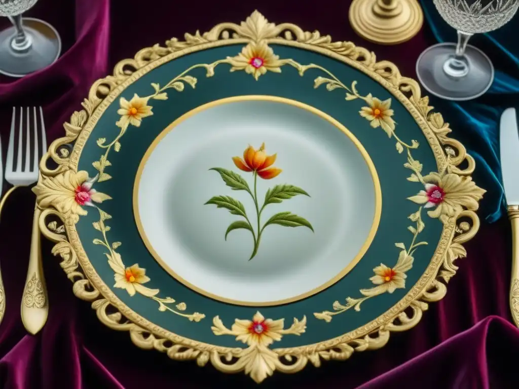 Un exquisito plato renacentista con motivos florales y detalles en hoja de oro, destacando su importancia en las Reglas de etiqueta en Renacimiento