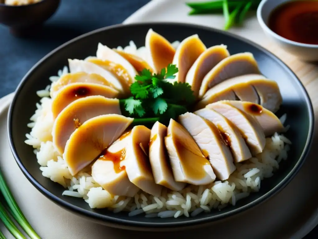 Deléitate con el exquisito plato de Hainanese Chicken Rice, destacando sus sabores y texturas