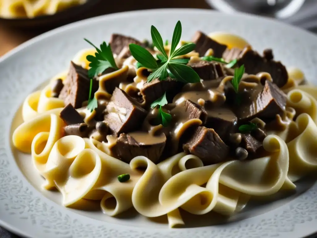 Exquisito plato de Beef Stroganoff, resaltando los colores y texturas