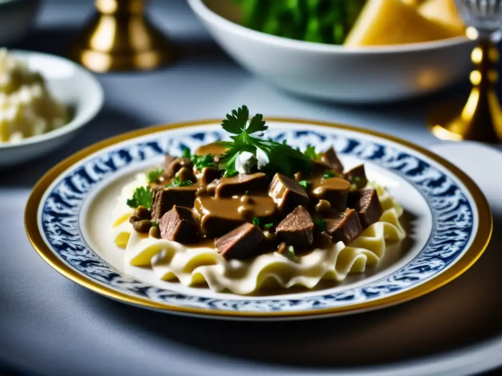 Un exquisito plato de Beef Stroganoff con crema agria y perejil, en vajilla rusa, fusionando arte culinario francés en cortes zaristas