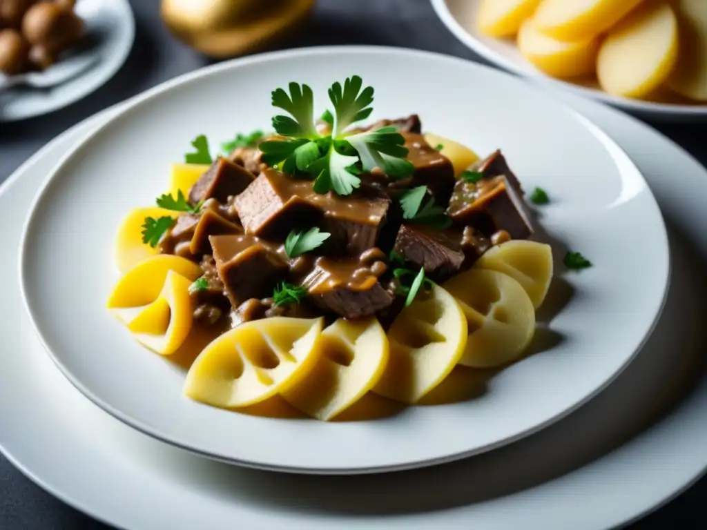 Exquisito plato de Beef Stroganoff con influencia de la gastronomía francesa en Rusia