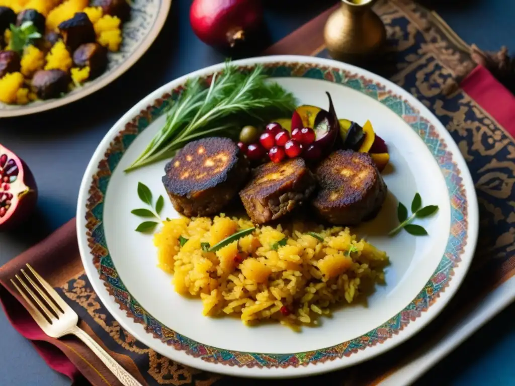 Un exquisito plato de la tradicional cocina del Califato Abásida, con arroz de azafrán, kebabs de cordero, vegetales asados y hierbas frescas, decorado con granadas