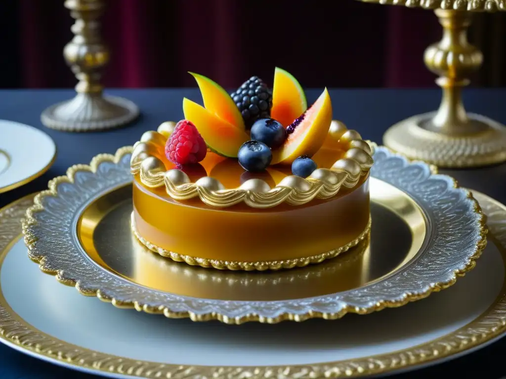 Un exquisito postre barroco francés con capas de hoja de oro, frutas vibrantes y esculturas de azúcar, sobre una mesa decorada en Versalles