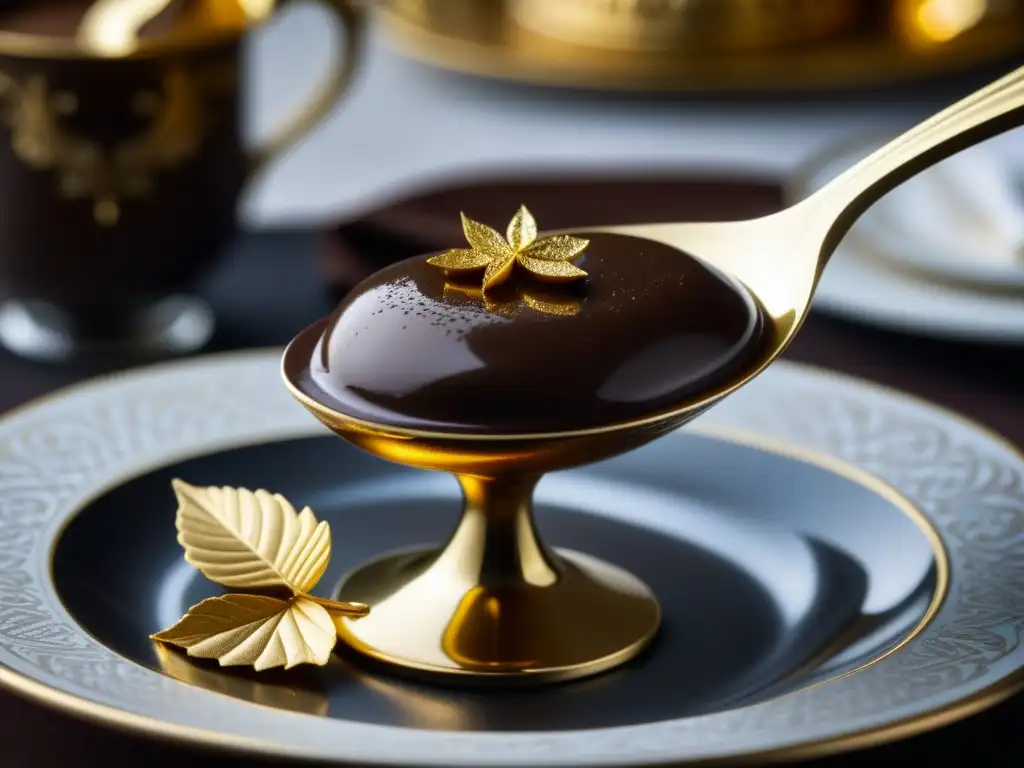 Un exquisito postre de mousse de chocolate en cuchara de plata en un palacio real europeo