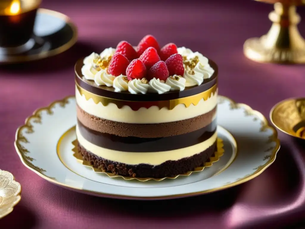 Un exquisito postre de la emperatriz Catalina Grande: trifle de chocolate y frambuesa, adornado con detalles dorados en un plato de porcelana