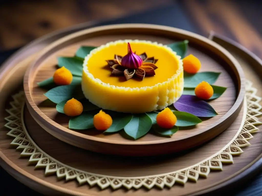 Un exquisito postre fusionado India y China en detalle sobre plato rústico, rodeado de especias y ingredientes históricos