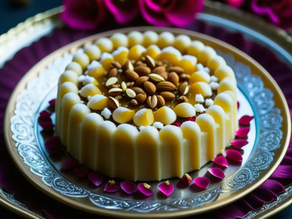 Exquisito postre histórico era Mughal, detalles en plata y rosas