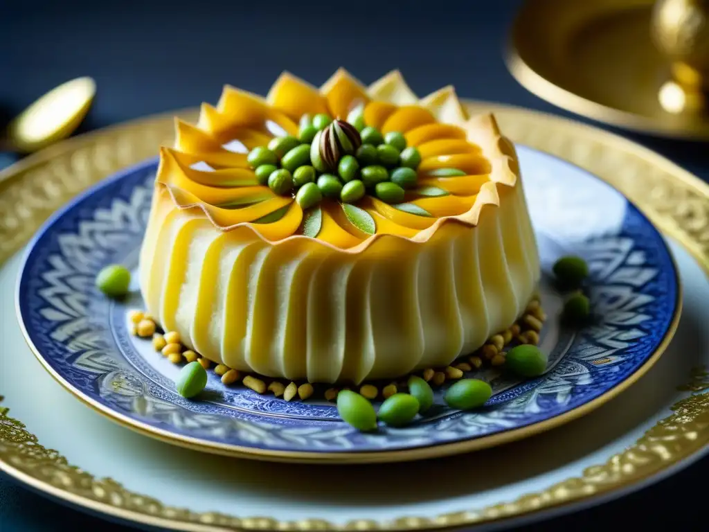 Un exquisito postre histórico era Mughal: filo, crema de azafrán, hoja de plata, pistachos en plato cerámico