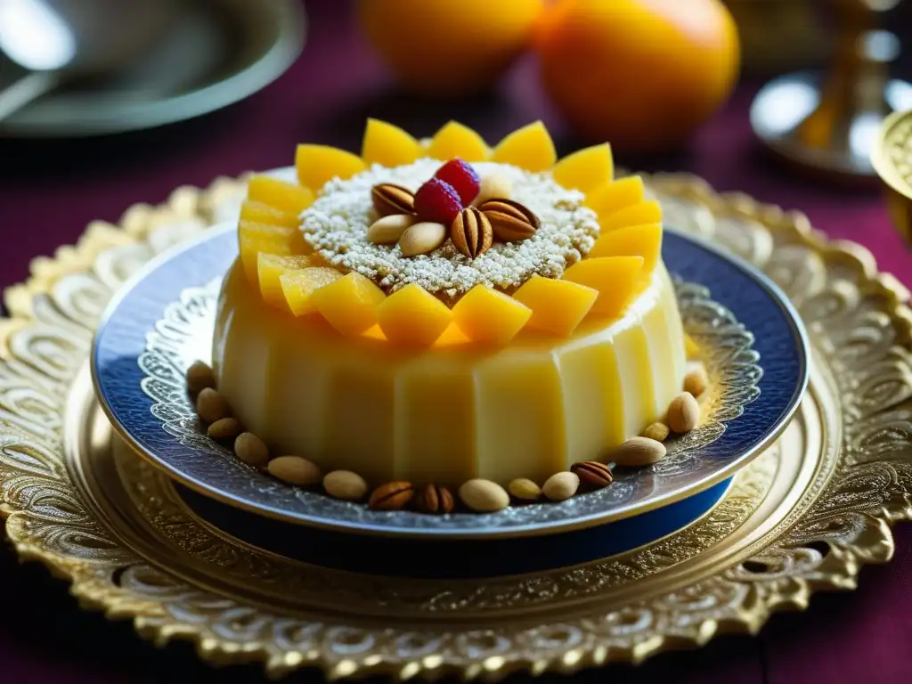 Exquisito postre histórico era Mughal: capas de oro y plata, frutas vibrantes y frutos secos sobre plata y motivos florales