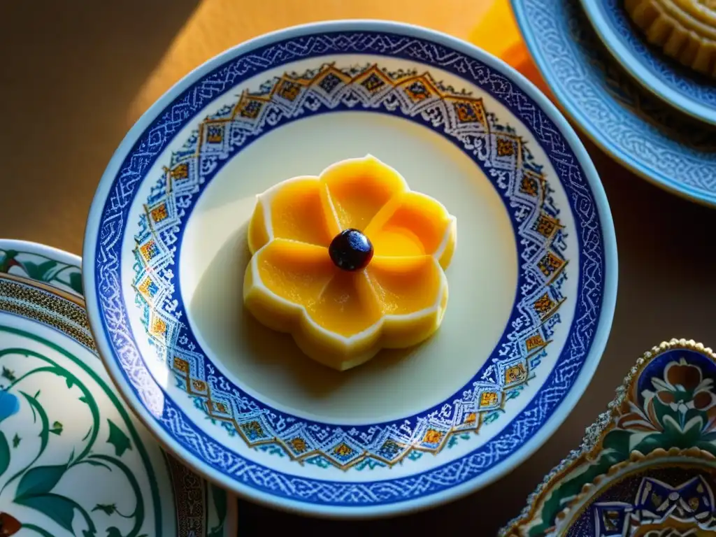 Un exquisito postre tradicional Califato Abásida, detallado y colorido, en plato cerámico decorado