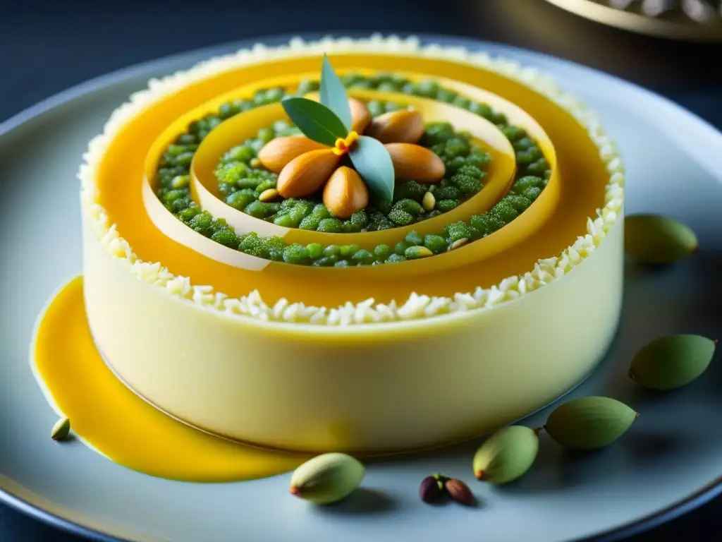 Un exquisito postre tradicional indio con influencia mongol, decorado con almendras, pistachos y azafrán, resaltando la historia culinaria