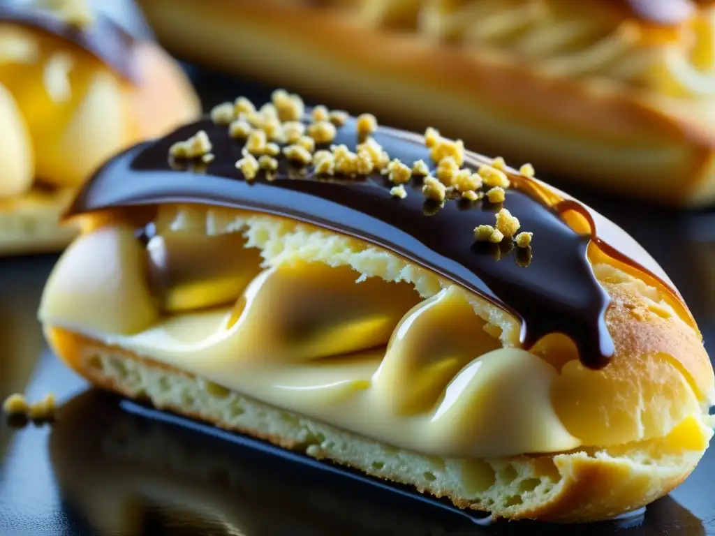 Un exquisito Éclair recién horneado, con su masa dorada y crujiente, relleno de crema de vainilla y cubierto con ganache de chocolate brillante