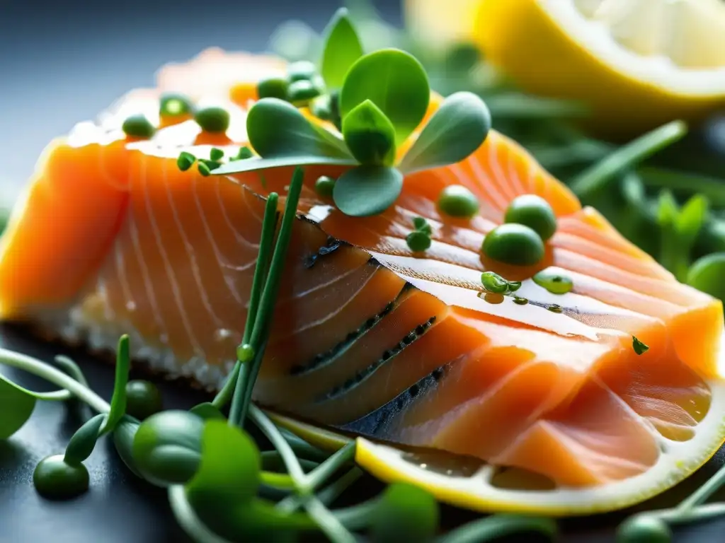 Exquisito salmón ahumado en cortes europeos sobre microgreens, con limón y cebollino