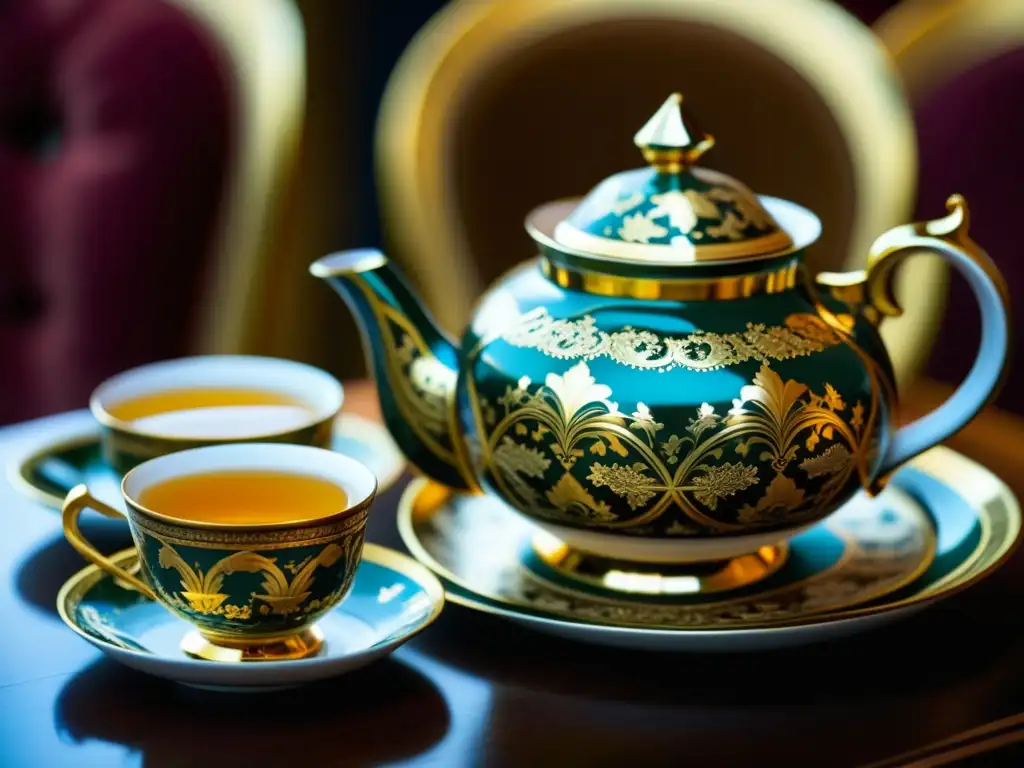 Exquisito set de té otomano con detalles florales en oro, reflejando la riqueza cultural de las bebidas tradicionales del imperio otomano