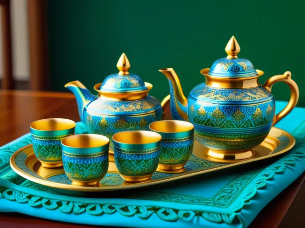 Exquisito set de té otomano con patrones florales en azul, verde y dorado