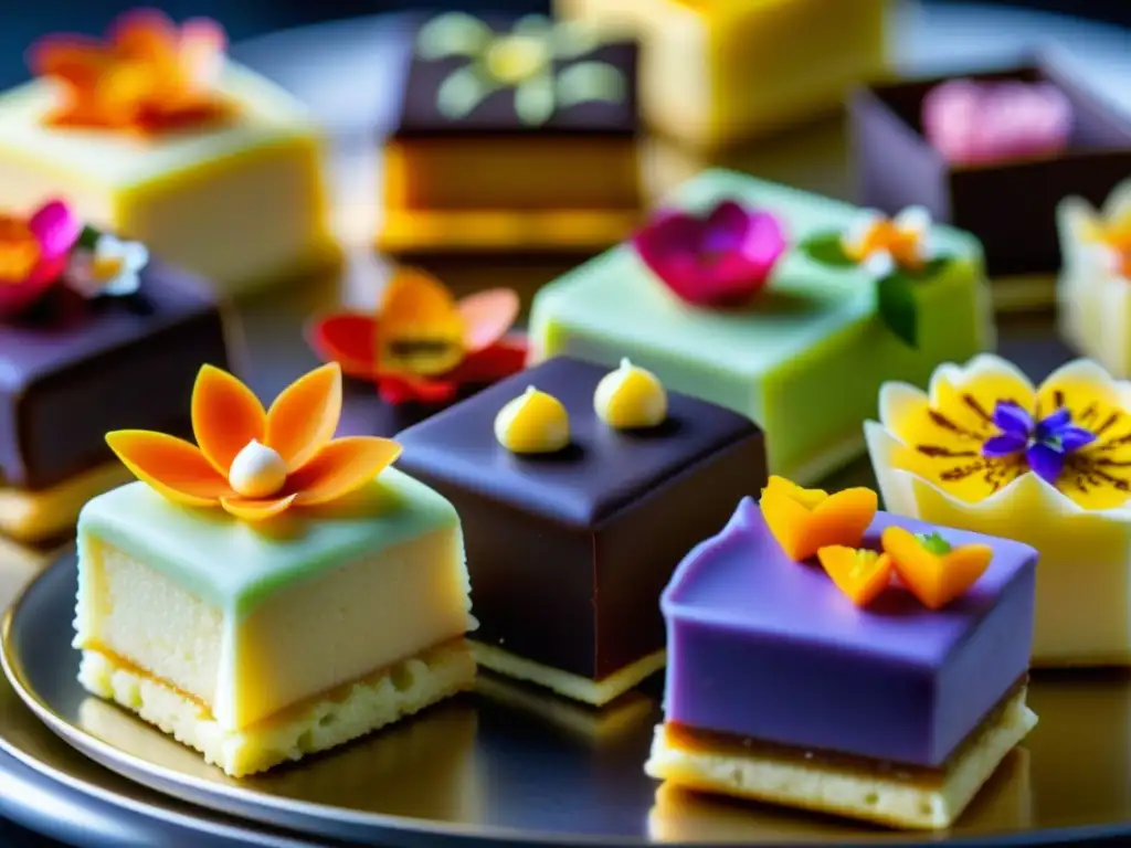 Un exquisito surtido de petit fours recién horneados con detalles intrincados y colores vibrantes