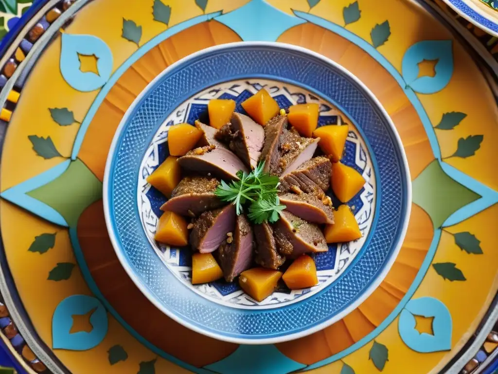 Un exquisito tagine de cordero y albaricoques, adornado con hierbas frescas y almendras, en una mesa de mosaico islámico