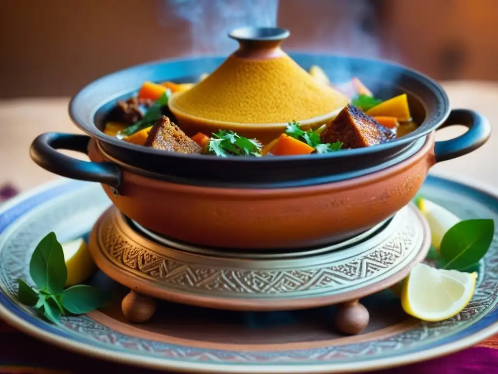 Un exquisito tagine marroquí cocinando a fuego lento, resaltando los colores y texturas vibrantes de la cocina bereber magrebí