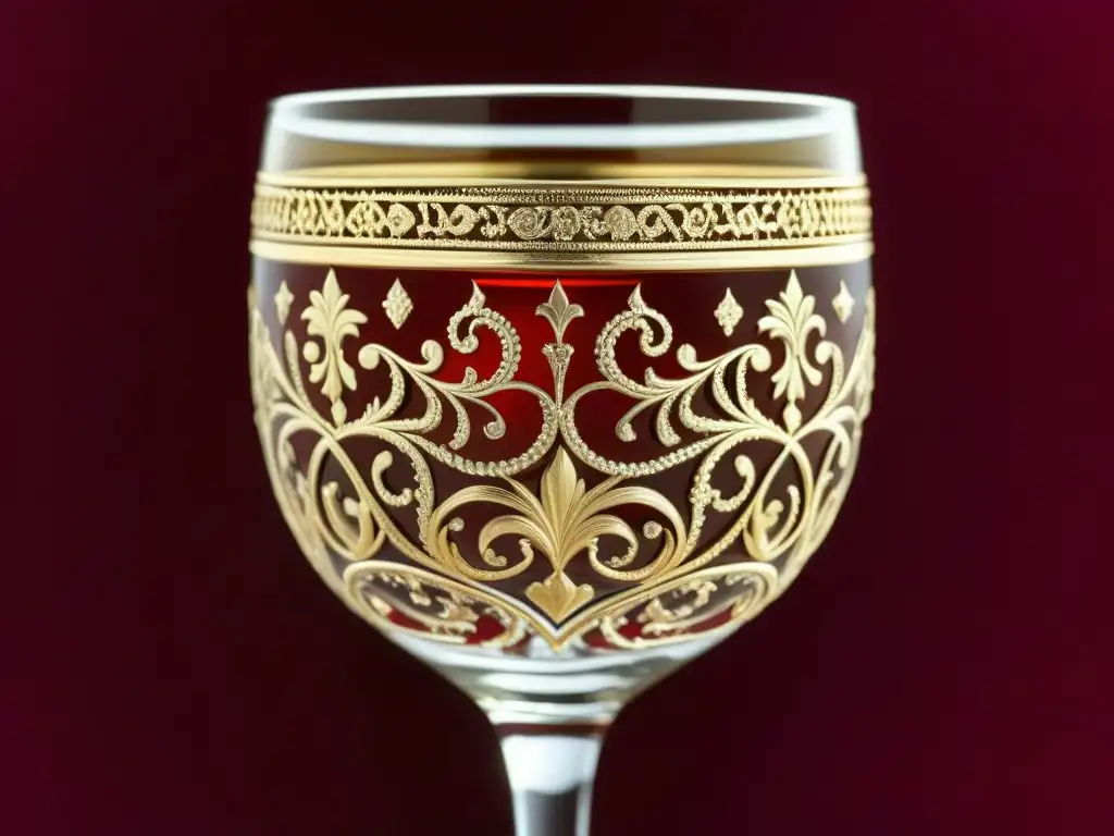 Un exquisito vaso de vino otomano adornado con motivos dorados, sobre terciopelo carmesí