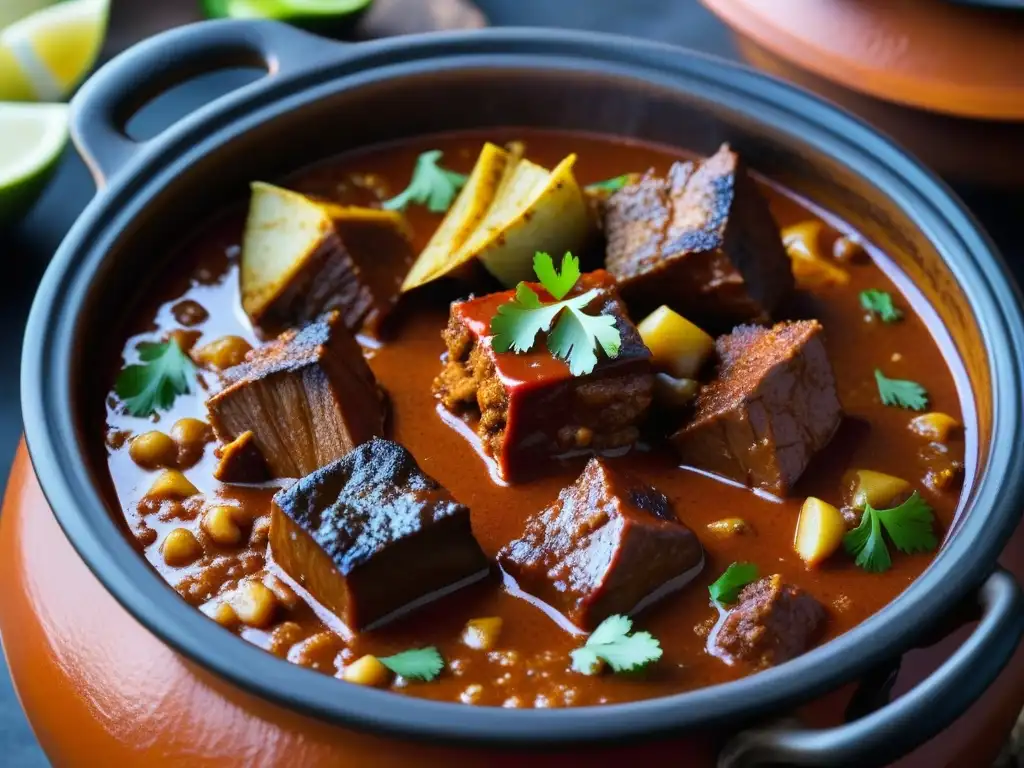 Un exquisito vindaloo en olla de barro, mostrando su color rojo vibrante y especias aromáticas