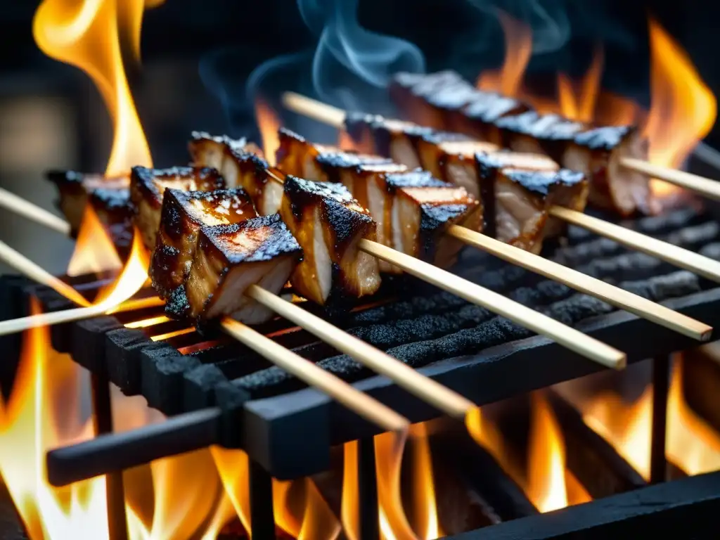 Exquisito yakitori japonés a la parrilla, mostrando la caramelización de las piezas de pollo glaseado con soja