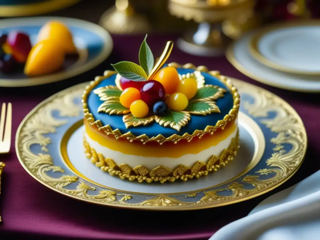 Exquisitos postres renacimiento italiano dulces: decoración detallada, colores vibrantes y artesanía exquisita en una mesa renacentista