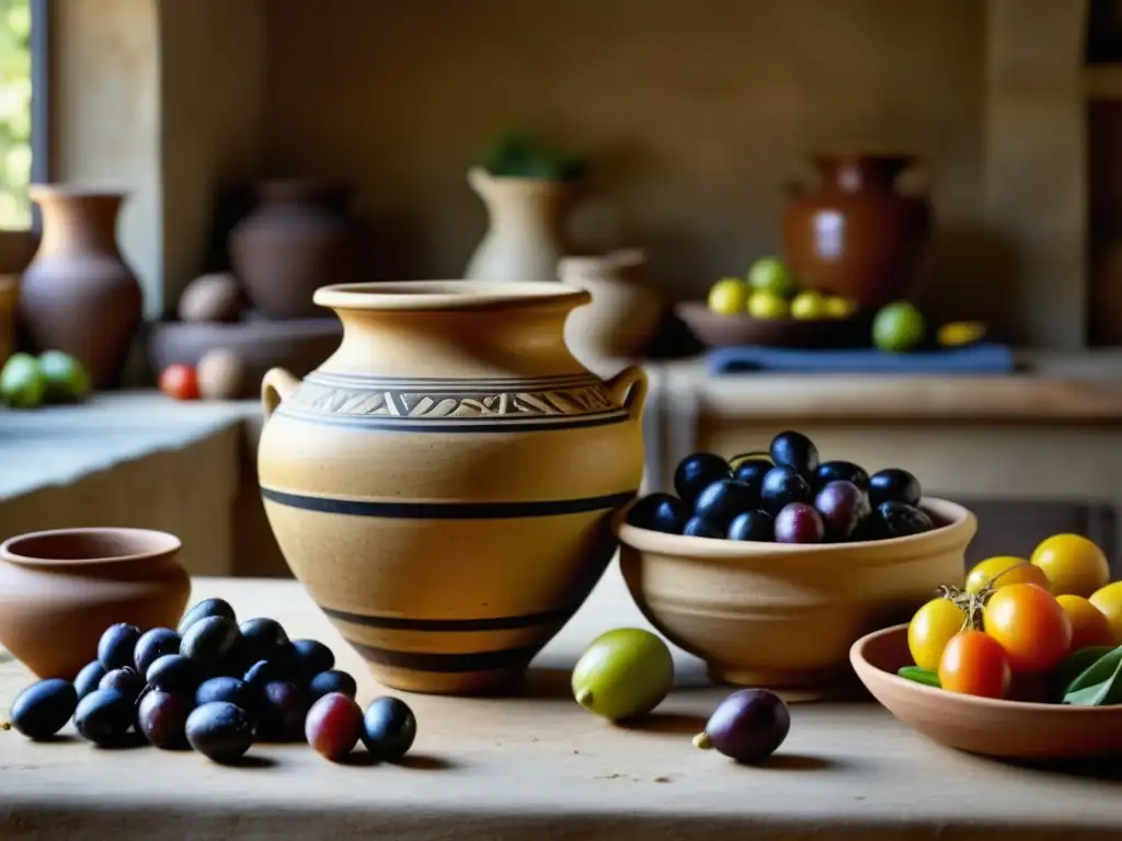 Una exuberante cesta de productos frescos en una cocina rústica griega