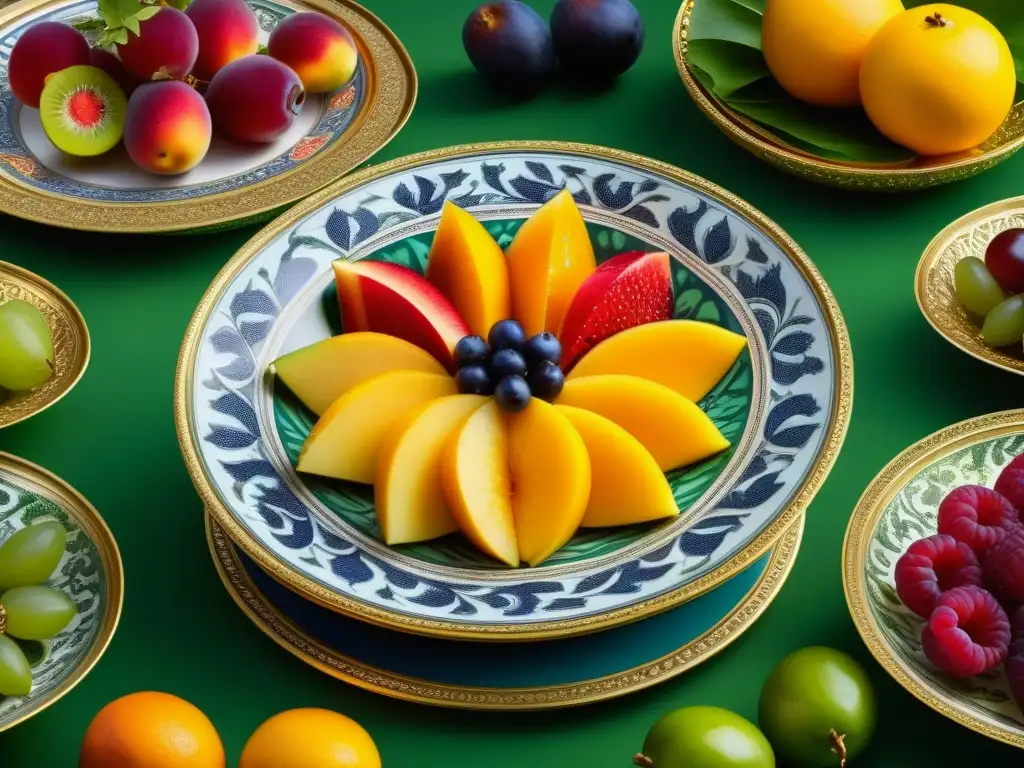 Una exuberante y detallada imagen de frutas en platos mughales históricos, mostrando colores vibrantes y detalles meticulosos