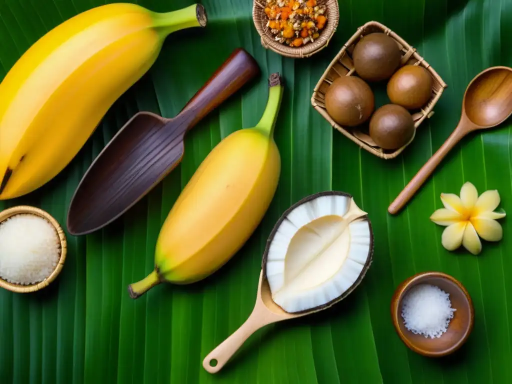 Una exuberante mesa de alimentos tradicionales precoloniales de las Islas del Pacífico en hoja de plátano