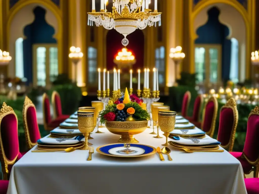 Exuberante mesa de banquete de la Cocina histórica de los Zares, con vajilla de oro y comida exótica, en un salón suntuoso con candelabros brillantes