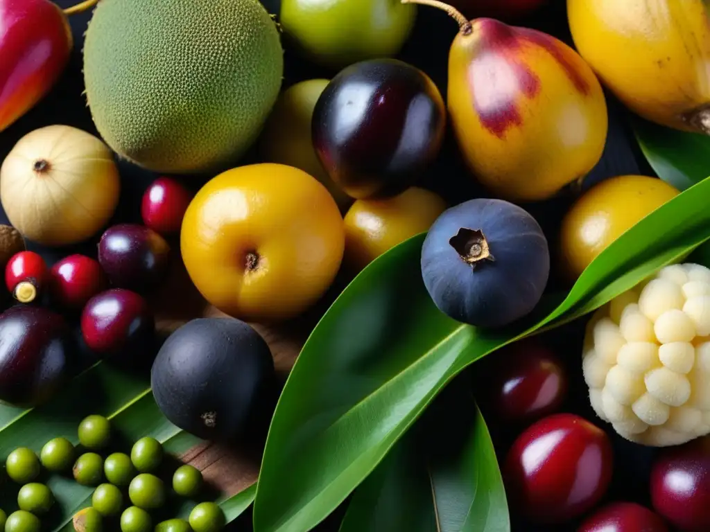 Una exuberante muestra de ingredientes silvestres amazónicos recetas tradicionales, resaltando colores y texturas vibrantes en primer plano