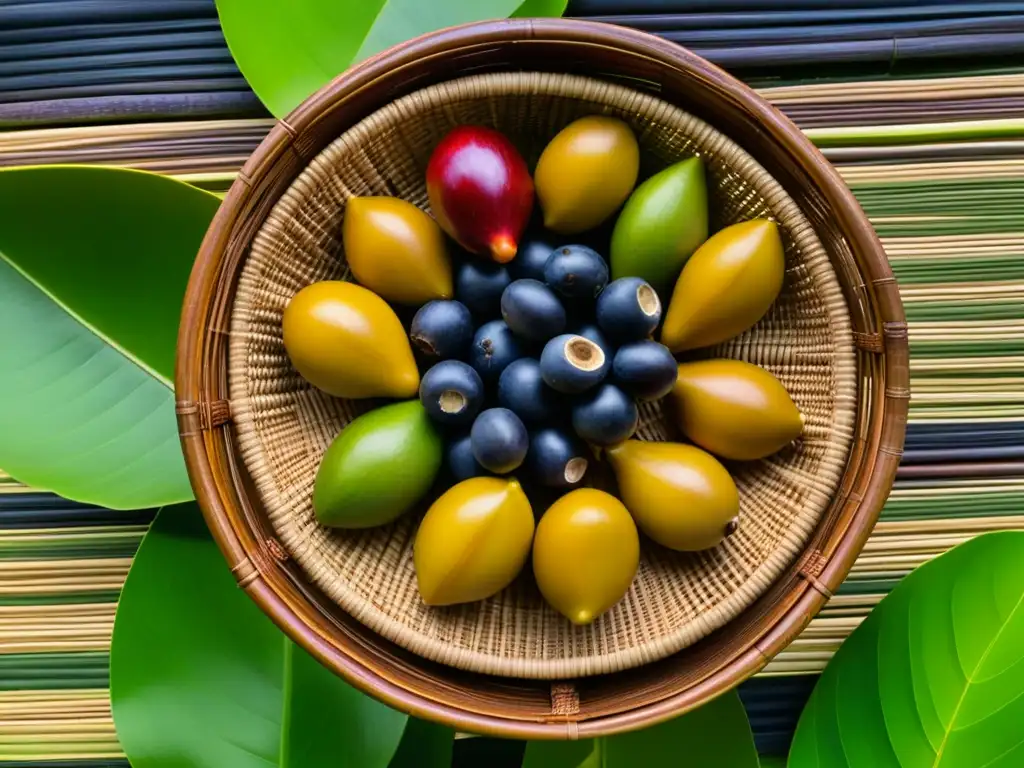 Una exuberante selección de ingredientes amazónicos en una cesta tejida, resalta la belleza natural de la Cocina Amazónica recetas históricas