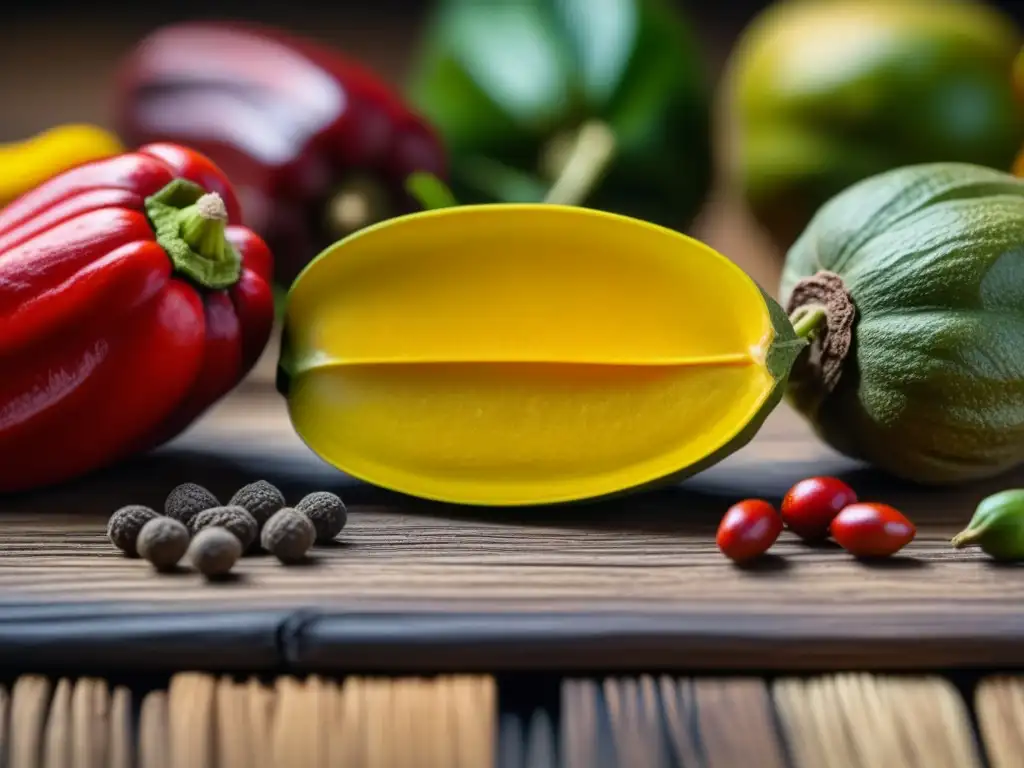 Una exuberante variedad de especias e ingredientes amazónicos en una mesa rústica, capturando la rica herencia culinaria de la Amazonía