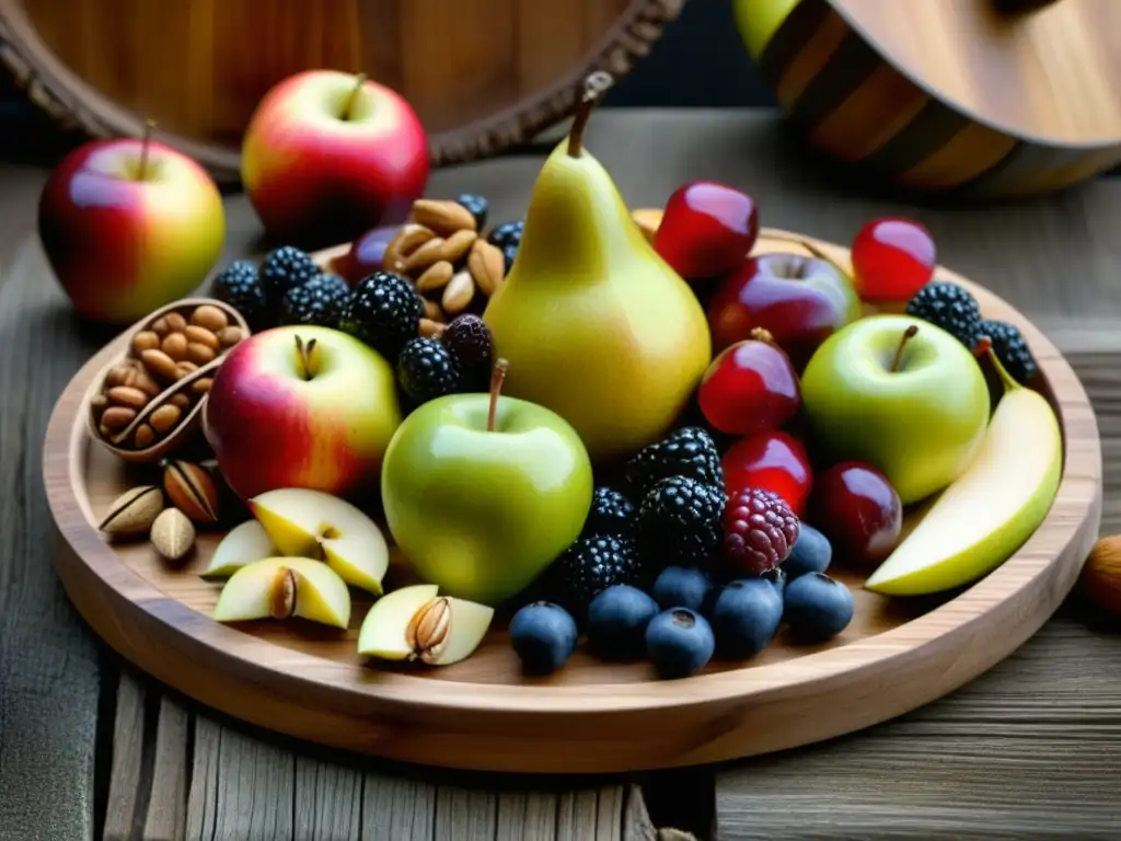 Variedad de frutas y nueces vikingas en detalle Una exuberante variedad de frutas frescas y nueces en una bandeja de madera rústica, evocando la autenticidad histórica de la dieta vikinga