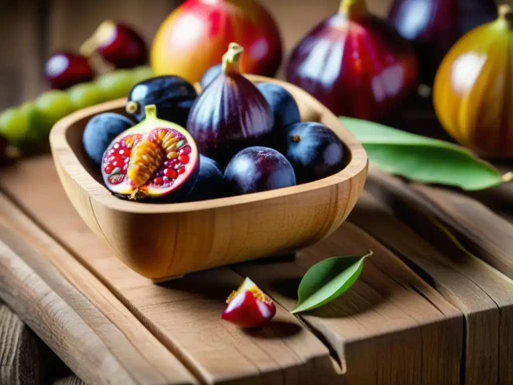 Una exuberante variedad de frutas orgánicas en una mesa rústica, inspirada en la dieta de los faraones del Antiguo Egipto