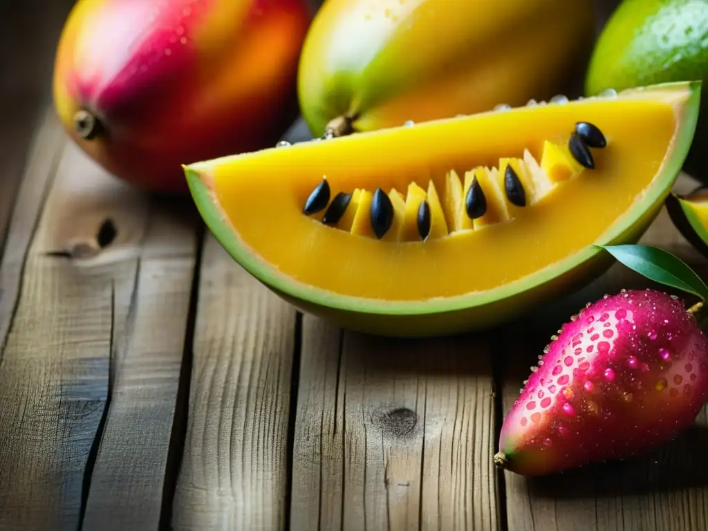 Una exuberante variedad de frutas tropicales frescas, con mango, piña y papaya, sobre mesa rústica de madera